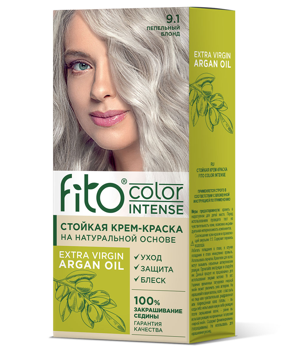 Стойкая крем-краска для волос серии Fito Сolor Intense, тон 9.1 Пепельный блонд